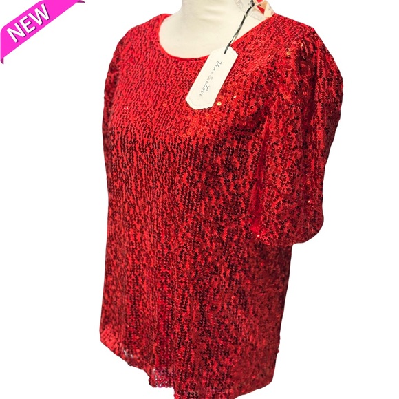 NWT Vine & Love Red Sequin Puff Sleeve Top Blouse Size Large - Picture 2 of 5